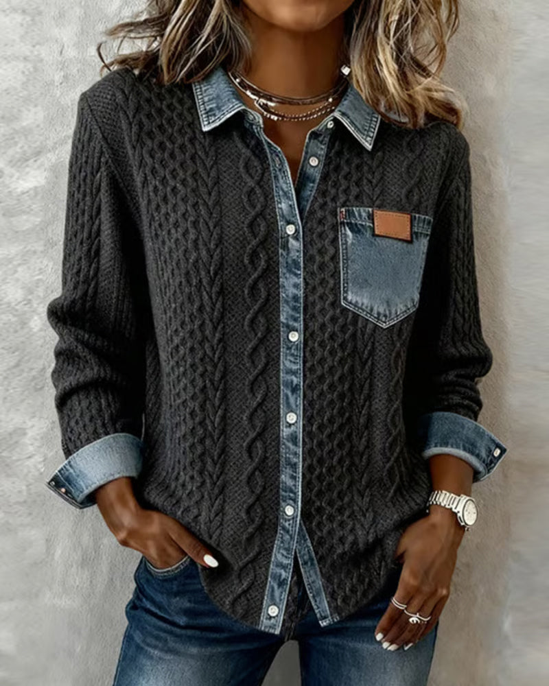 Camisa de Manga Longa com Patchwork em Denim