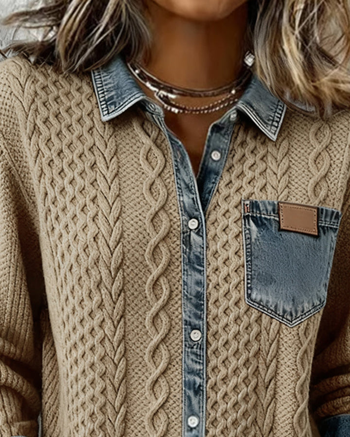 Camisa de Manga Longa com Patchwork em Denim