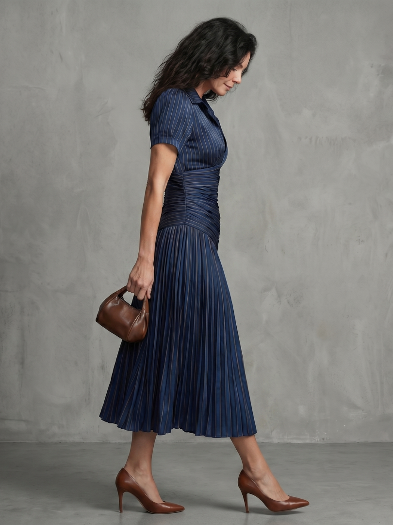 Theadora | Pleated Waistline Stripe Midi Dress
