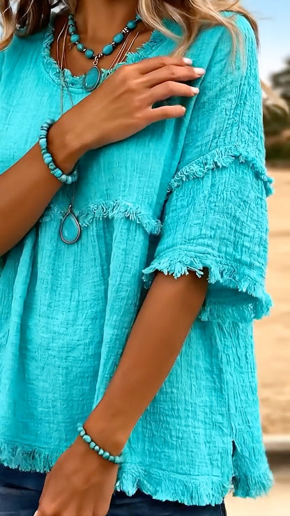 Women's Round Neck Casual Top With Frayed Edges