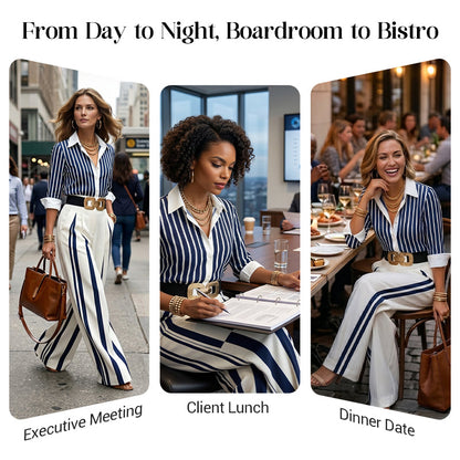 Women's Striped Shirt & Wide-Leg Pants 2-Piece Set