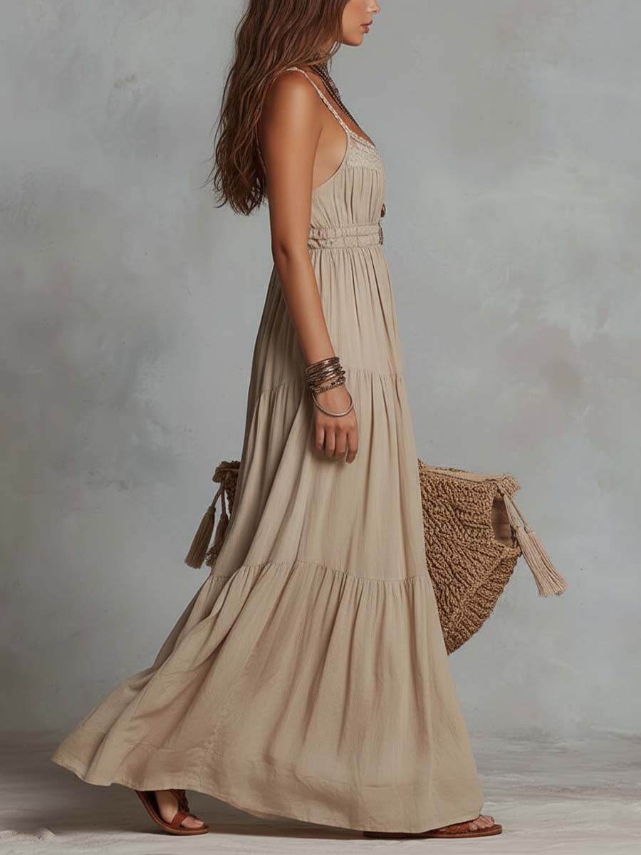 Vestido Longo Retrô de Algodão e Linho com Gola de Renda