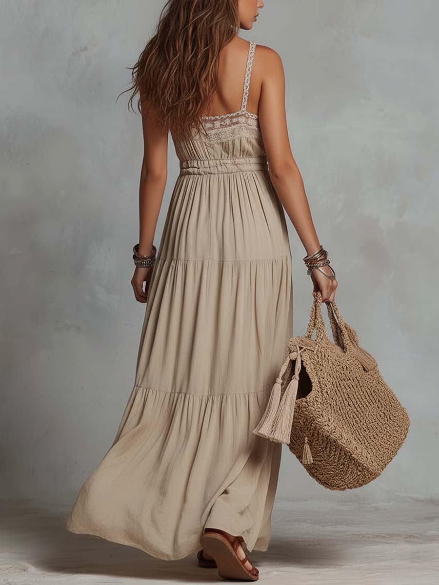 Vestido Longo Retrô de Algodão e Linho com Gola de Renda