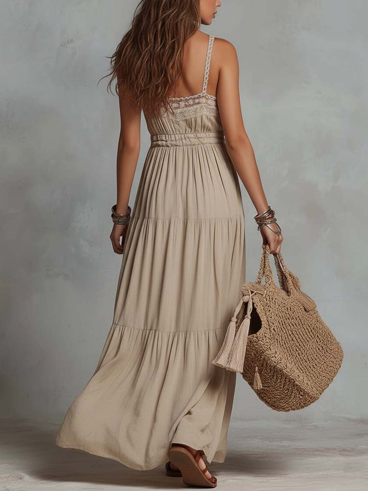 Vestido Longo Retrô de Algodão e Linho com Gola de Renda