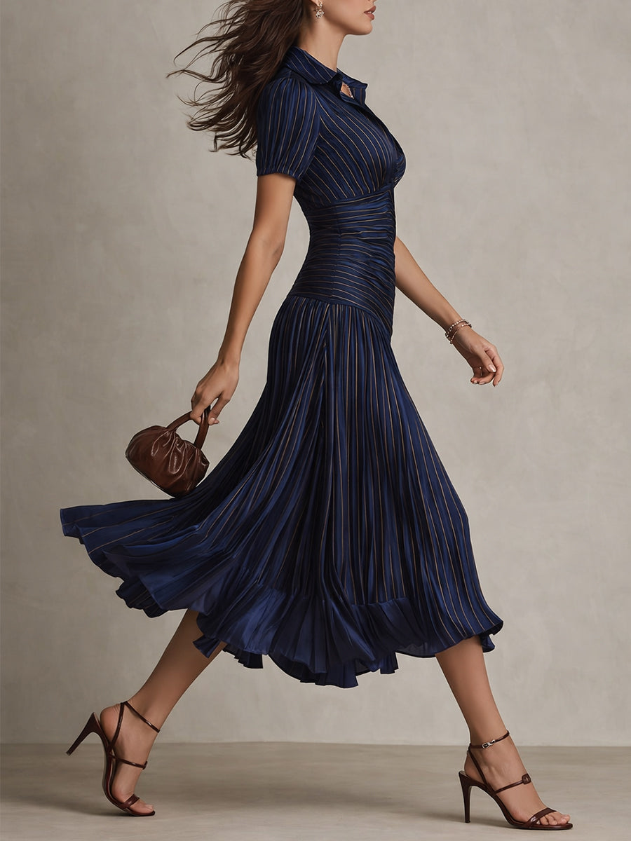 Vestido Midi Bodycon Plissado de Cetim Listrado Retrô