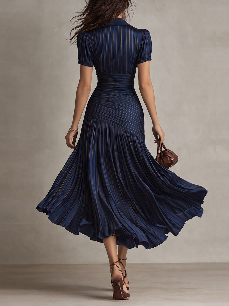 Vestido Midi Bodycon Plissado de Cetim Listrado Retrô