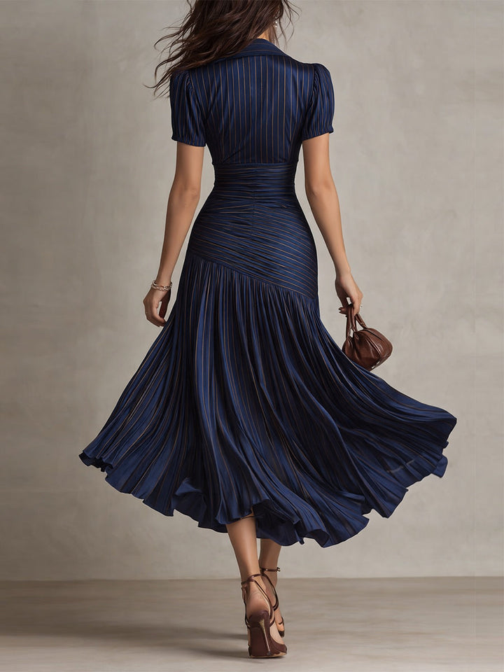 Vestido Midi Bodycon Plissado de Cetim Listrado Retrô