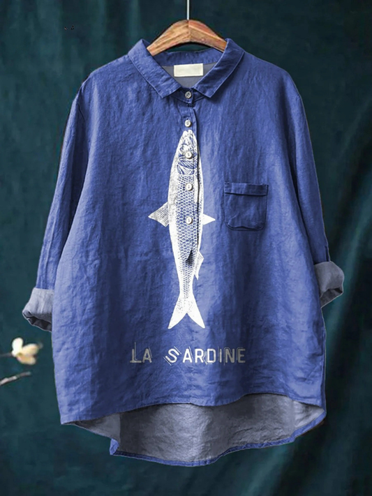 Sophie | Camisa Casual Feminina com Estampa Gráfica de Peixe Sardinha