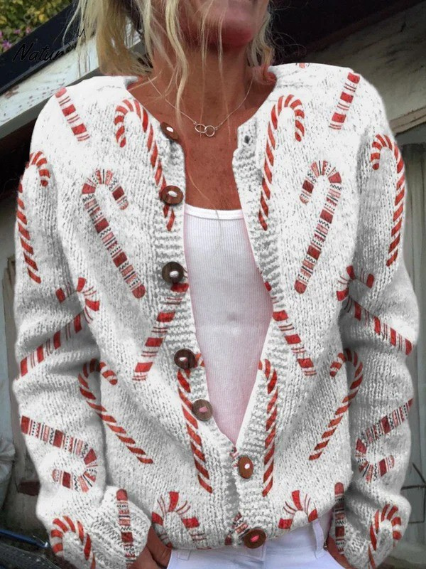 Suéter Cardigan com Botões e Estampa Decorativa de Bengala Doce Festiva