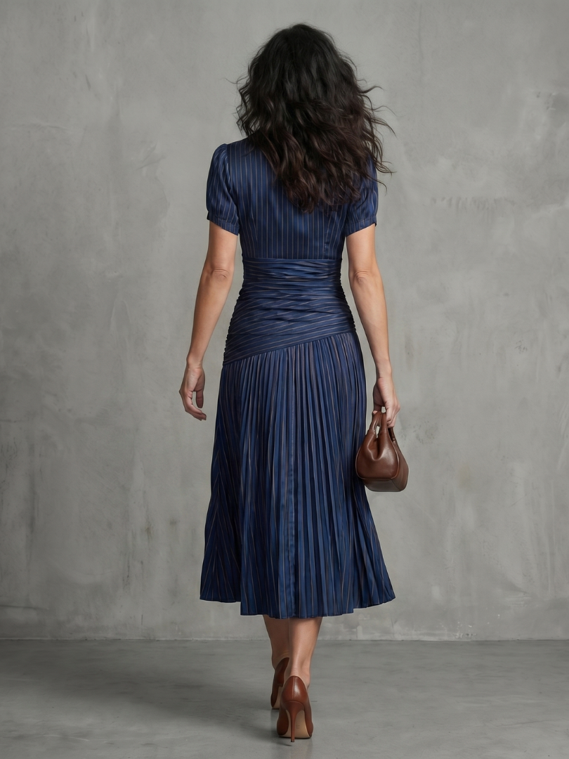 Theadora | Pleated Waistline Stripe Midi Dress