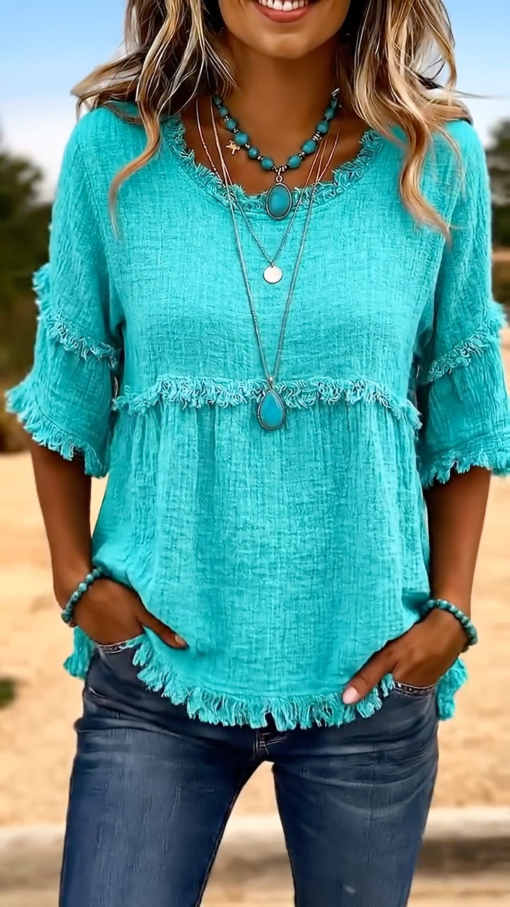 Women's Round Neck Casual Top With Frayed Edges