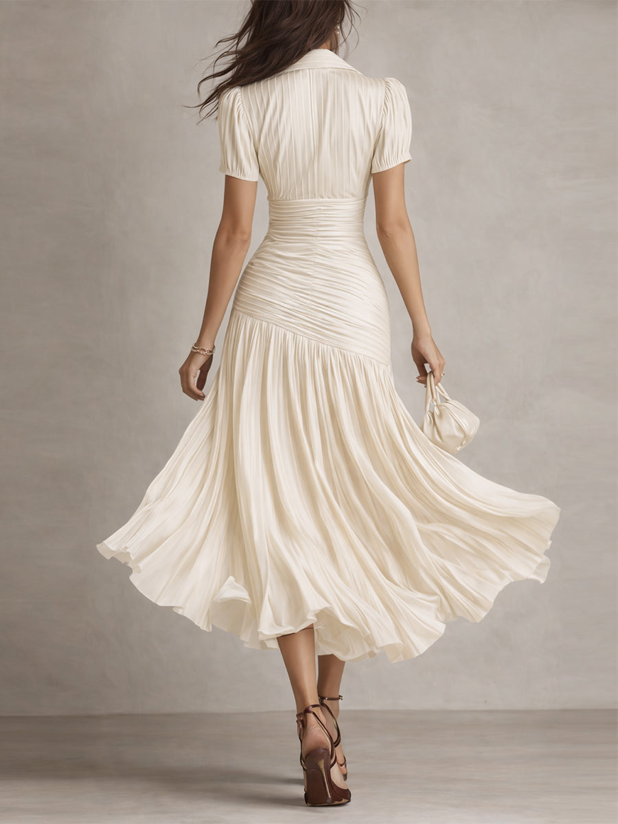 Vestido Midi Bodycon Plissado de Cetim Listrado Retrô