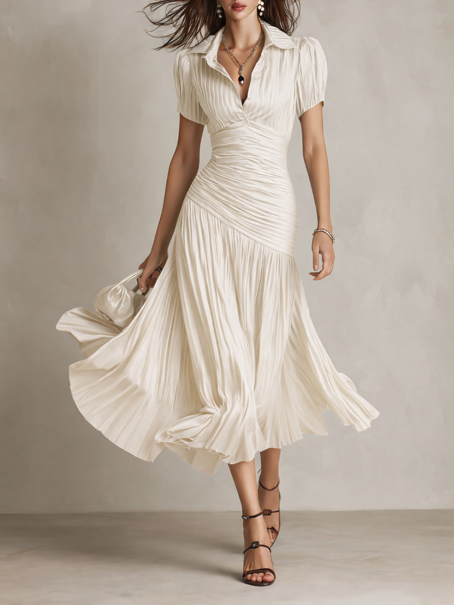Vestido Midi Bodycon Plissado de Cetim Listrado Retrô