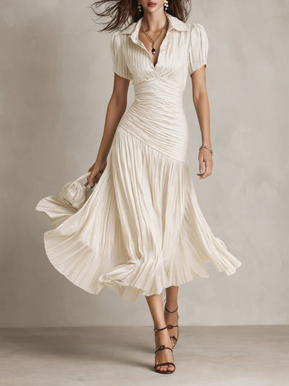 Vestido Midi Bodycon Plissado de Cetim Listrado Retrô