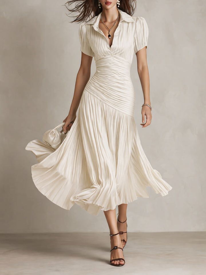 Vestido Midi Bodycon Plissado de Cetim Listrado Retrô