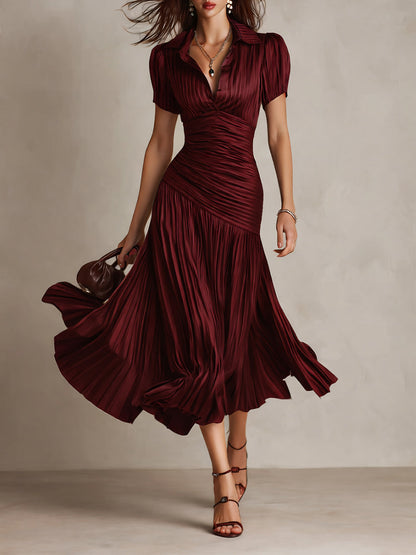 Vestido Midi Bodycon Plissado de Cetim Listrado Retrô