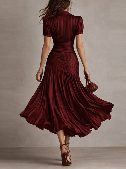 Vestido Midi Bodycon Plissado de Cetim Listrado Retrô