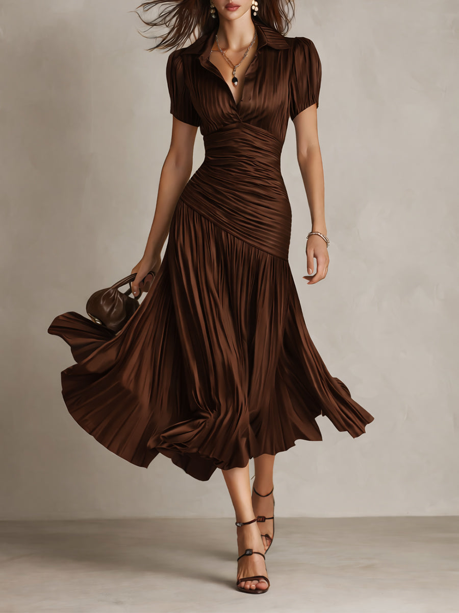 Vestido Midi Bodycon Plissado de Cetim Listrado Retrô