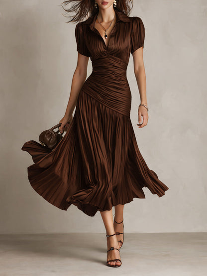 Vestido Midi Bodycon Plissado de Cetim Listrado Retrô