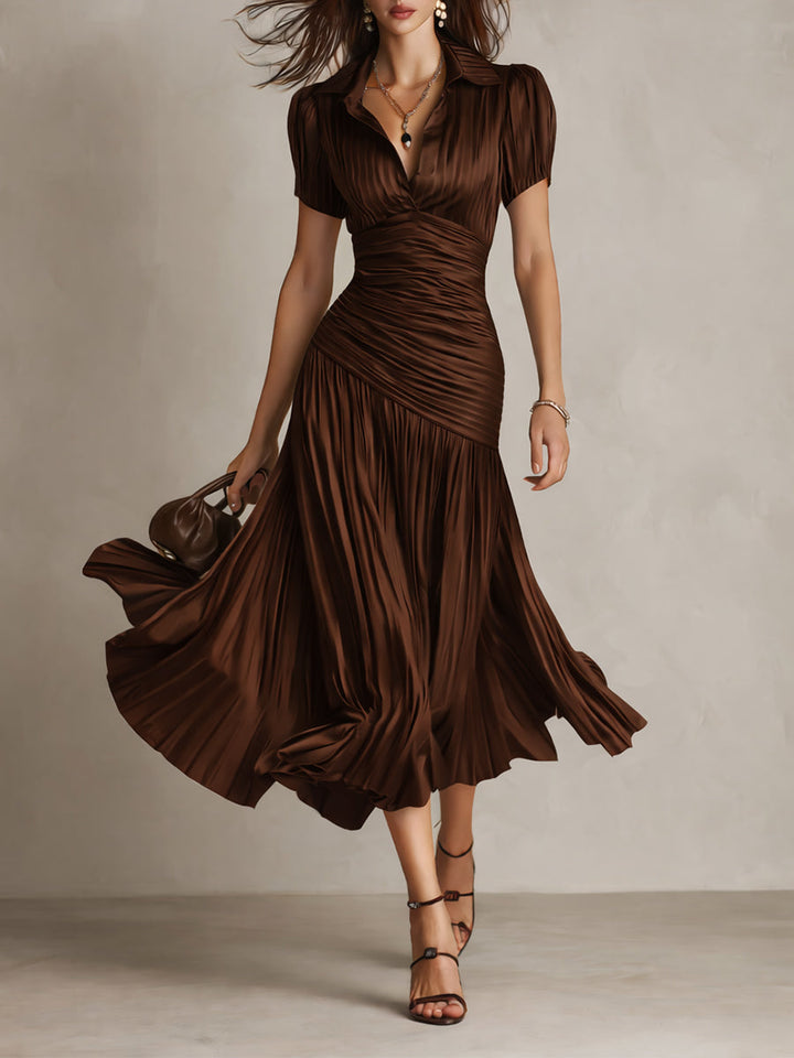 Vestido Midi Bodycon Plissado de Cetim Listrado Retrô