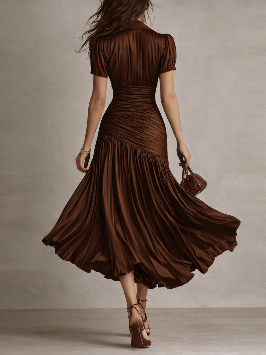 Vestido Midi Bodycon Plissado de Cetim Listrado Retrô