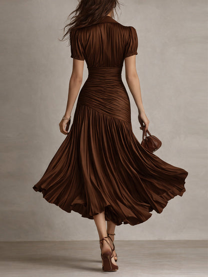 Vestido Midi Bodycon Plissado de Cetim Listrado Retrô