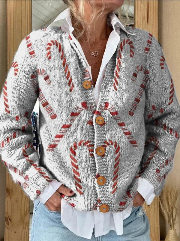 Suéter Cardigan com Botões e Estampa Decorativa de Bengala Doce Festiva