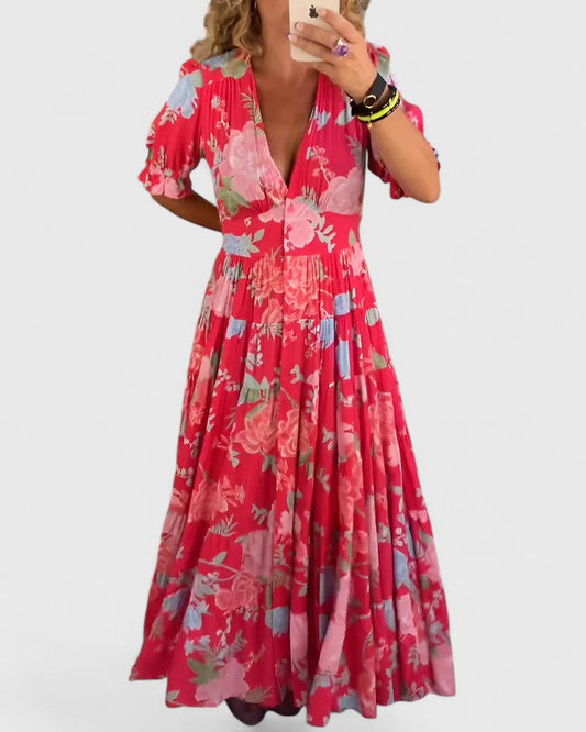 Minelda | Vestido elegante con escote en V y estampado floral
