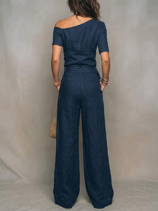 Solene | Leinen-Ein-Schulter-Jumpsuit mit weitem Bein