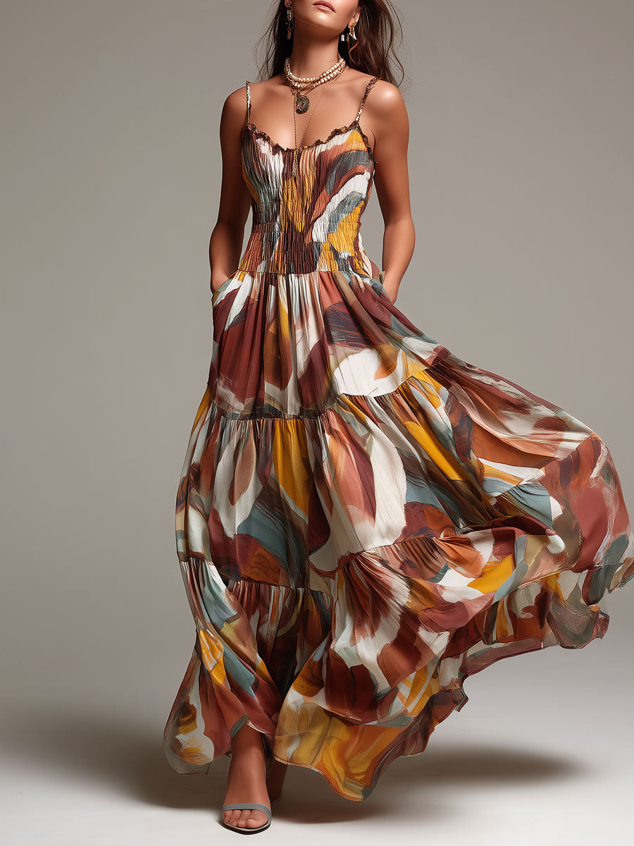 Vestido Longo Boho com Corpete Franzido Multicolorido Abstrato
