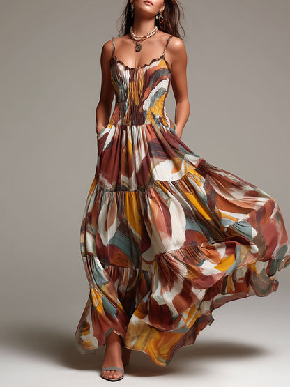 Vestido Longo Boho com Corpete Franzido Multicolorido Abstrato