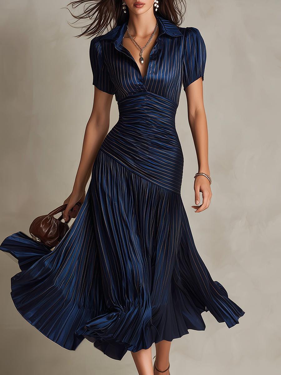 Vestido Midi Bodycon Plissado de Cetim Listrado Retrô