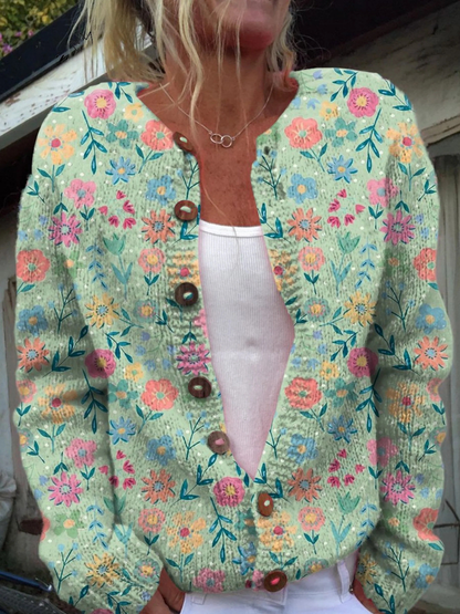 Sommereng Blomstermønster Printet Cardigan Sweater med Knapper