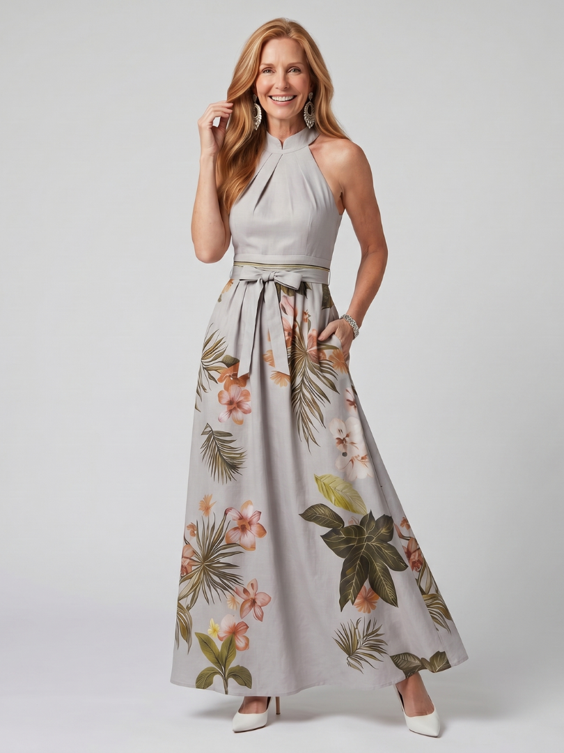 Meadow | Draped Halter Botanical Panel Maxi Dress
