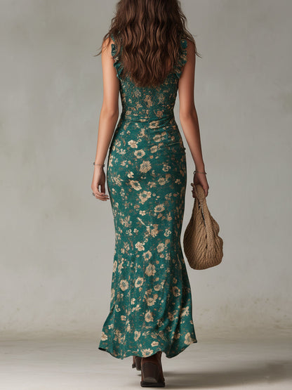 Boho Retro Maxikleid mit Rüschensäumen und hohem Schlitz