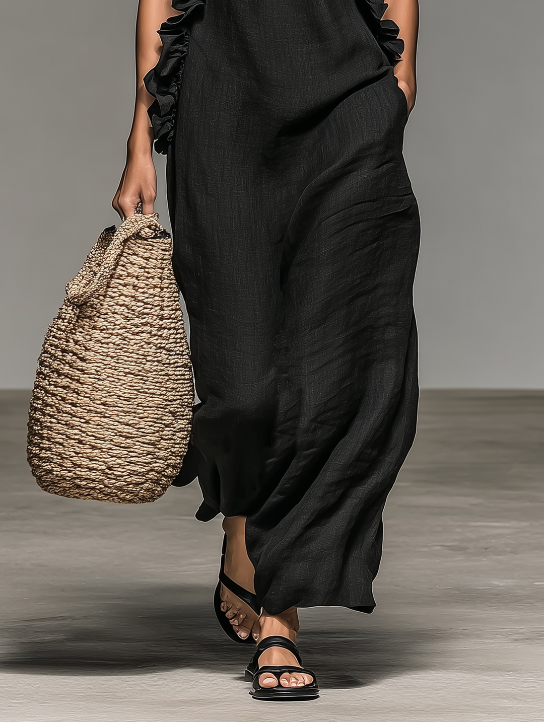 Vestido Longo Feminino Minimalista Sem Mangas em Mistura de Linho com Detalhes de Babados MDZ1622A0Y