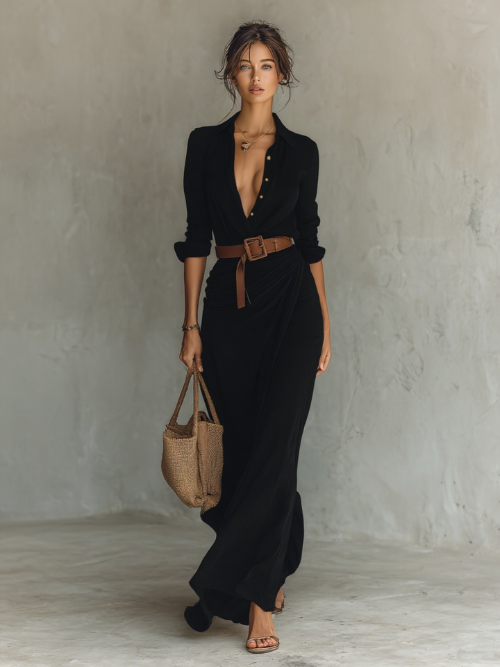 Vestido Maxi Feminino com Lapela, Abotoamento Simples, Manga Longa e Cinto