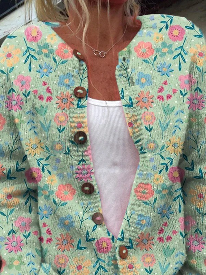 Sommereng Blomstermønster Printet Cardigan Sweater med Knapper
