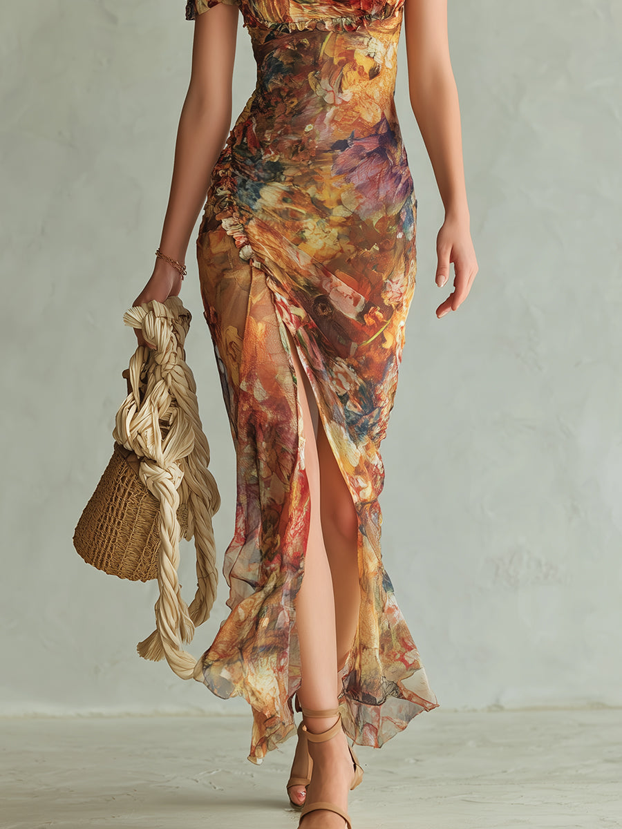 Vestido Longo de Chiffon Estampado com Pintura a Óleo Boho Holiday