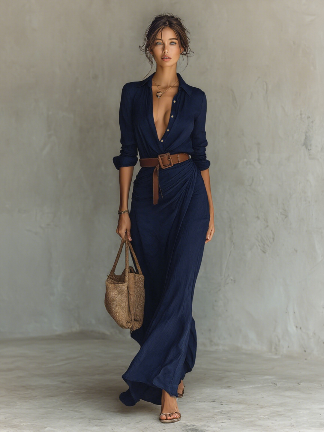 Vestido Maxi Feminino com Lapela, Abotoamento Simples, Manga Longa e Cinto