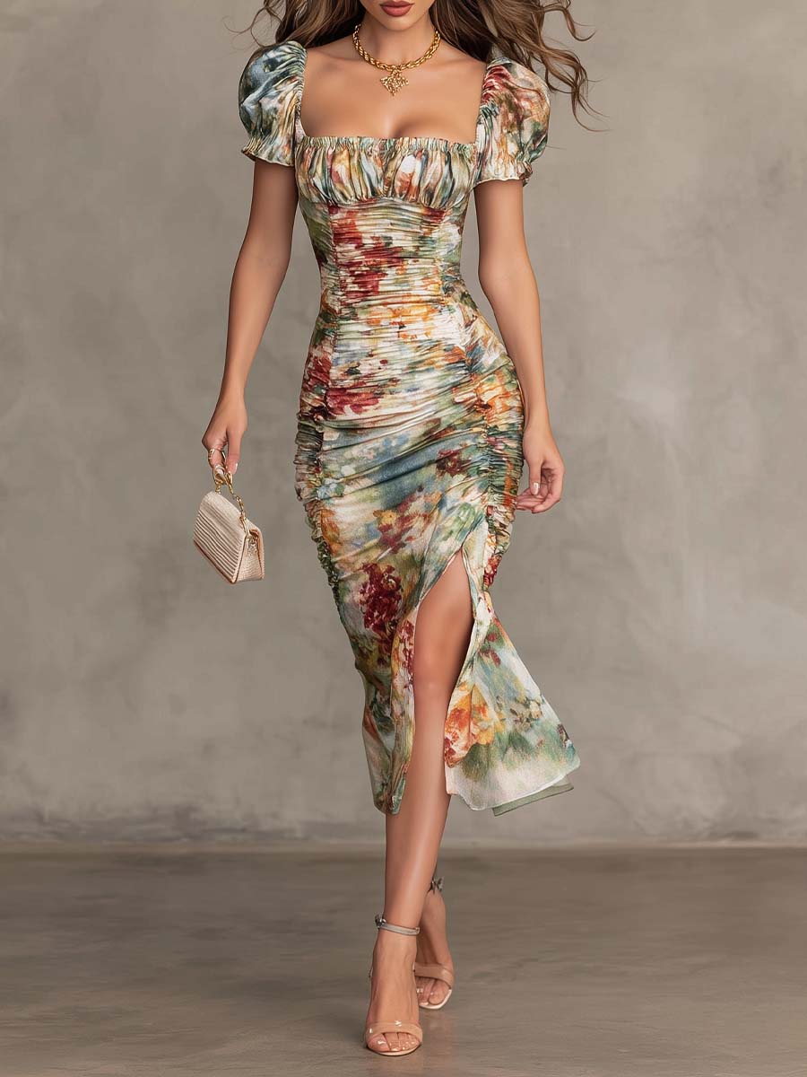 Vestido Midi Floral Retrô e Elegante com Decote Quadrado e Franzido