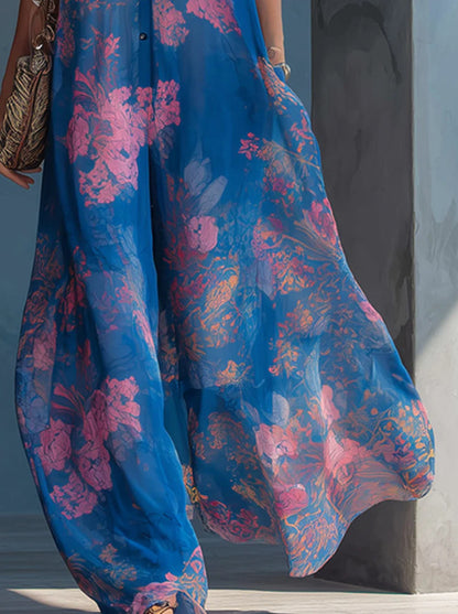Maxikjole i chiffon med blomsterprint og halterneck