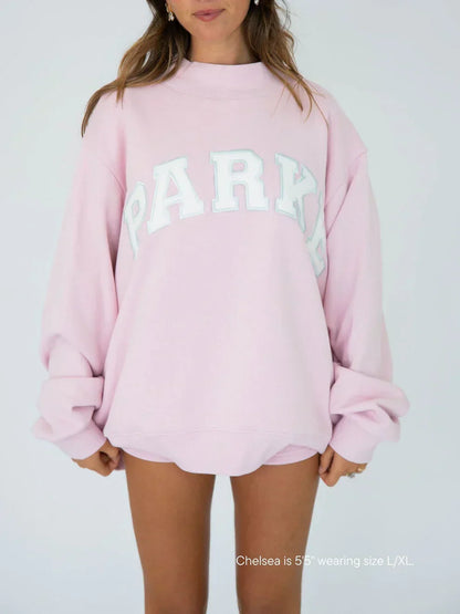 Gemma | Varsity Mockneck Soft Pink with White Letters