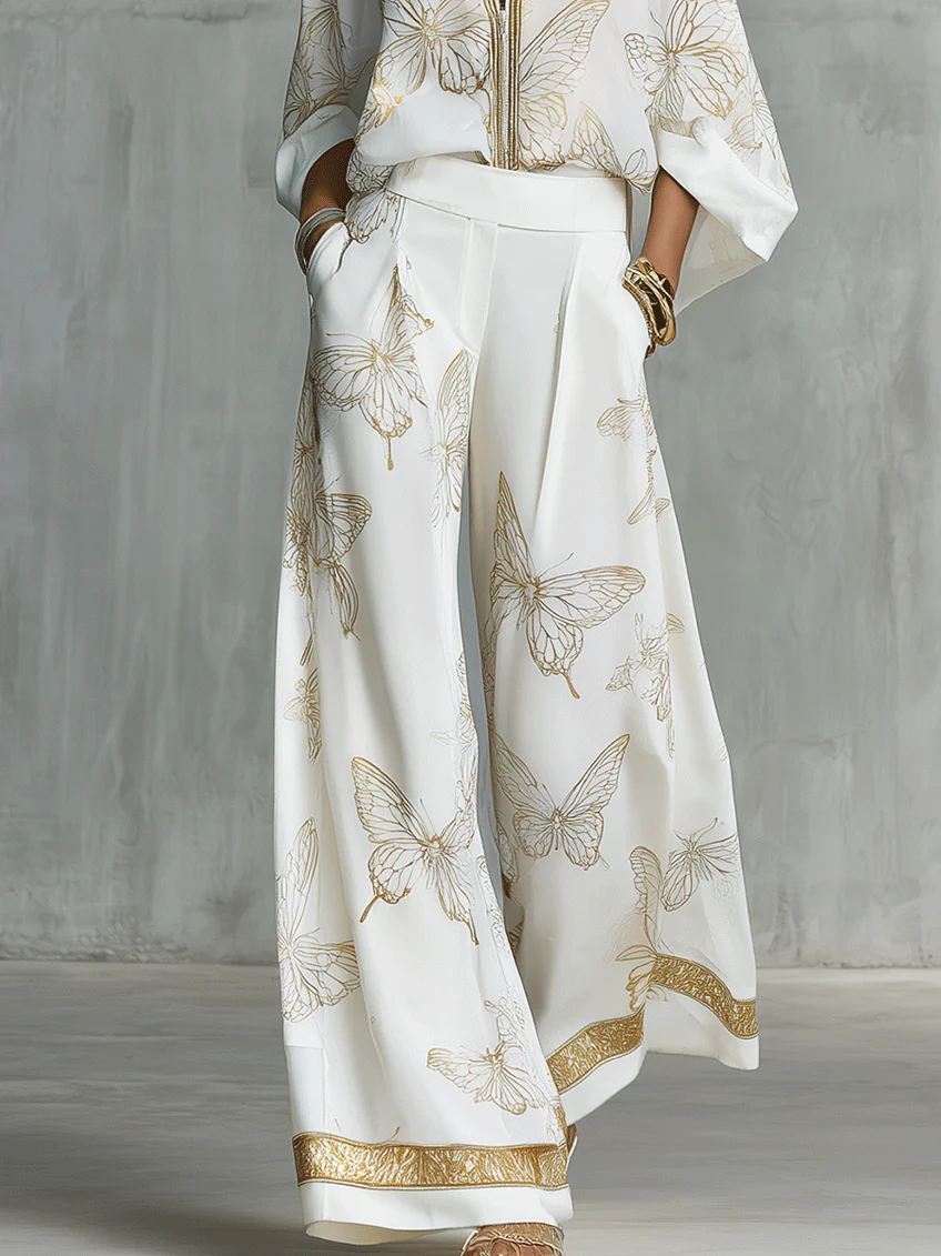Conjunto Casual Elegante Solto de Duas Peças com Estampa de Borboleta Dourada