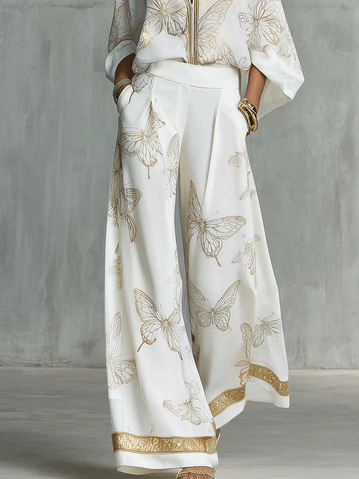 Conjunto Casual Elegante Solto de Duas Peças com Estampa de Borboleta Dourada