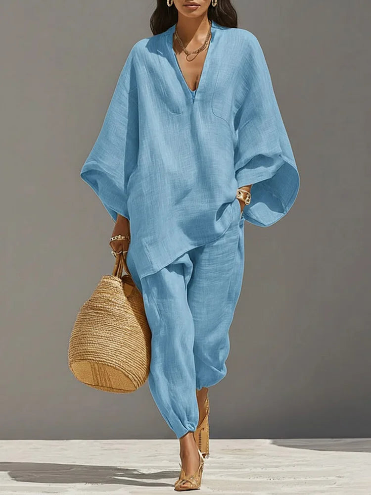 The Cotton Linen V-Neck Top & Wide-Leg Trousers Set
