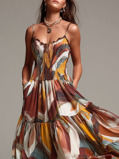 Vestido Longo Boho com Corpete Franzido Multicolorido Abstrato