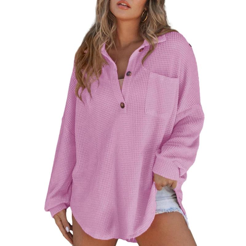 RHANNON™ - Suéter Casual Oversized de Manga Longa com Decote V e Textura Waffle