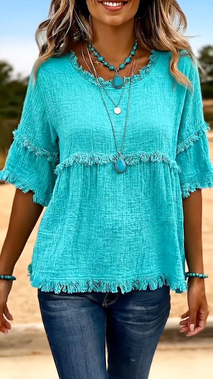 Women's Round Neck Casual Top With Frayed Edges