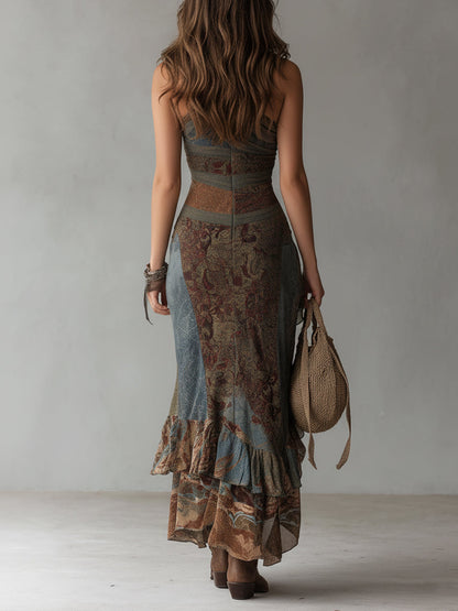 Vestido Longo Estilo Étnico Retrô com Estampa, Ombro Único e Fenda Alta